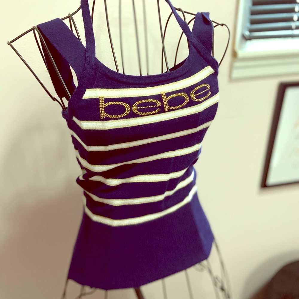Bebe navy top with gold accents